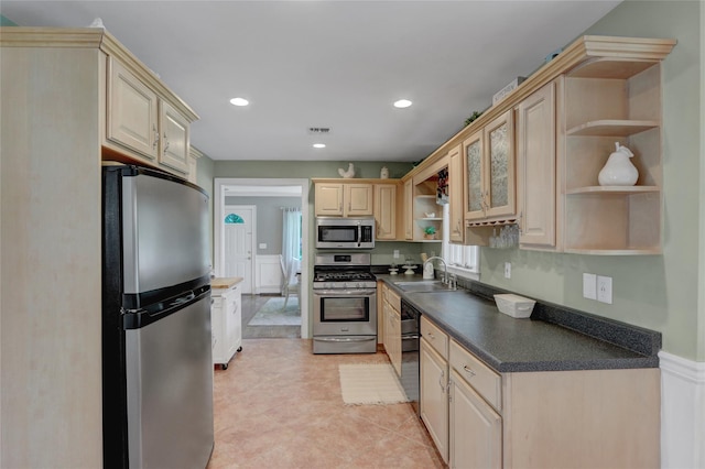 1 Willis Ave, Port Jefferson, NY 11777 - kitchen featuring appliances with stainless steel finishes, open shelves, dark countertops, light brown cabinets, and recessed lighting