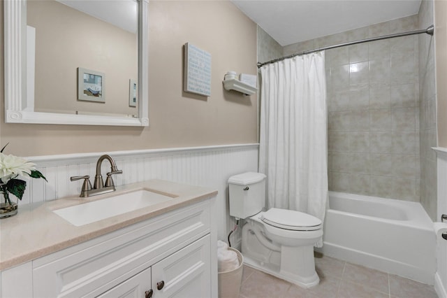 1 Willis Ave, Port Jefferson, NY 11777 - bathroom featuring tile patterned floors, vanity, shower / bath combo, and a wainscoted wall