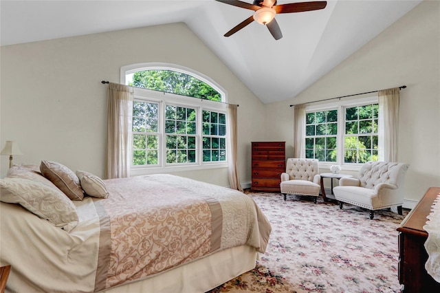 1 Willis Ave, Port Jefferson, NY 11777 - bedroom featuring multiple windows, vaulted ceiling, and a ceiling fan