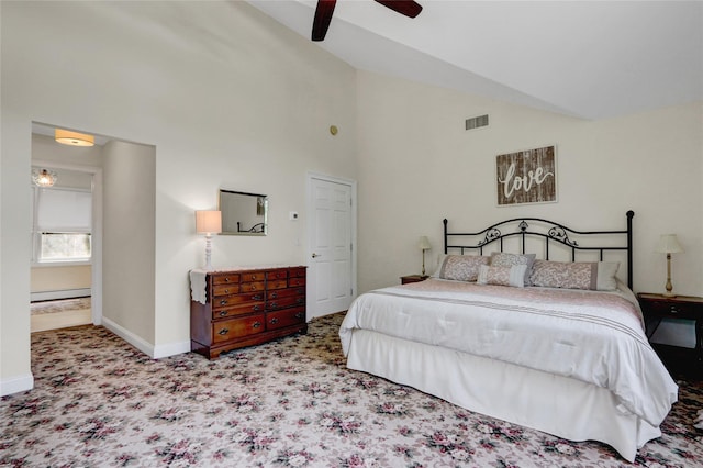 1 Willis Ave, Port Jefferson, NY 11777 - carpeted bedroom with a baseboard heating unit, high vaulted ceiling, and ceiling fan