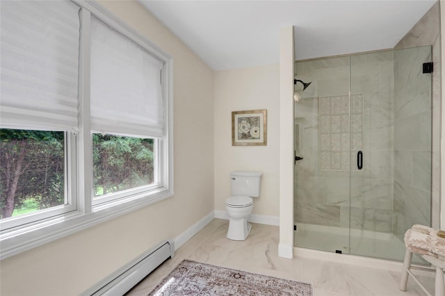 1 Willis Ave, Port Jefferson, NY 11777 - full bathroom with baseboard heating, a stall shower, and marble finish floors
