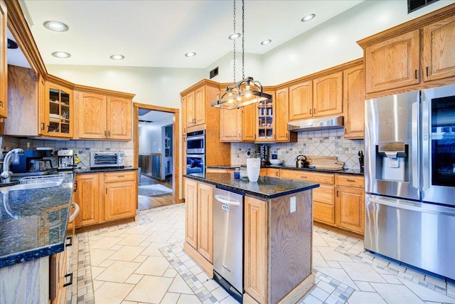 64 Mountainview Rd, Fishkill, NY 12524 - kitchen with appliances with stainless steel finishes, under cabinet range hood, decorative backsplash, glass insert cabinets, and recessed lighting