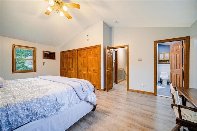64 Mountainview Rd, Fishkill, NY 12524 - bedroom featuring lofted ceiling, light wood-style flooring, a closet, ensuite bathroom, and an AC wall unit