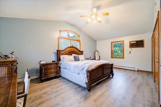 64 Mountainview Rd, Fishkill, NY 12524 - bedroom featuring a baseboard radiator, vaulted ceiling, a wall mounted AC, light wood finished floors, and ceiling fan