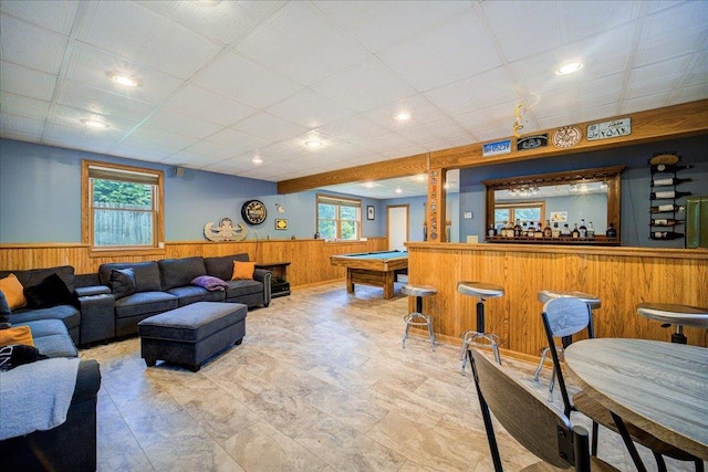 64 Mountainview Rd, Fishkill, NY 12524 - living room featuring a wainscoted wall, billiards, wooden walls, recessed lighting, and bar