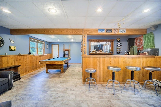 64 Mountainview Rd, Fishkill, NY 12524 - playroom featuring wooden walls, pool table, a wainscoted wall, and a dry bar