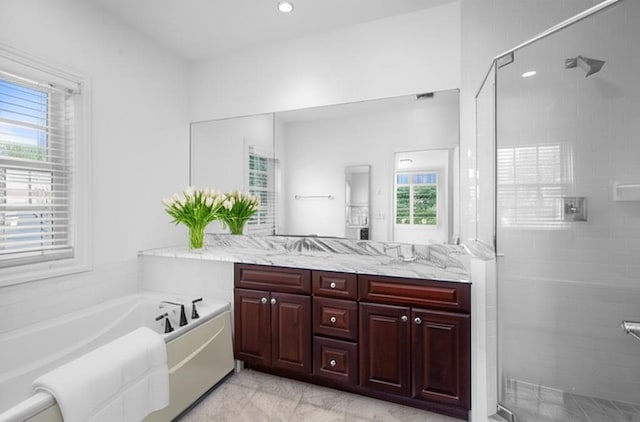 55 1st St Unit 207, Pelham, NY 10803 - bathroom with vanity, a shower stall, a garden tub, and recessed lighting