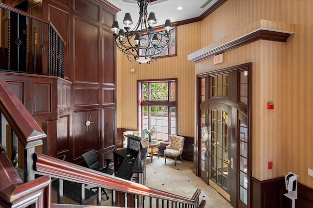 55 1st St Unit 207, Pelham, NY 10803 - office space featuring a chandelier, wallpapered walls, french doors, and ornamental molding