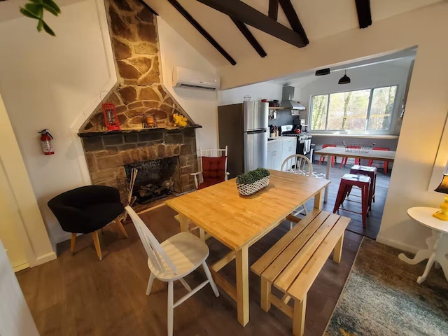 39 E James Ave, Smallwood, NY 12778 - dining space with a wall mounted AC, beamed ceiling, a fireplace, wood finished floors, and high vaulted ceiling