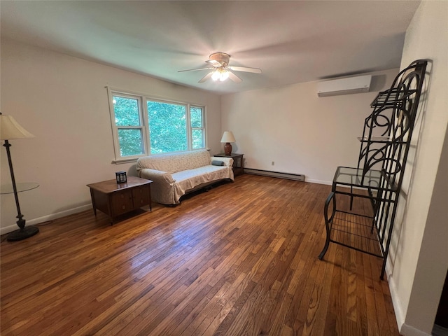 39 Hilltop Ln, Narrowsburg, NY 12764 - bedroom featuring baseboard heating, a wall mounted air conditioner, wood-type flooring, and a ceiling fan