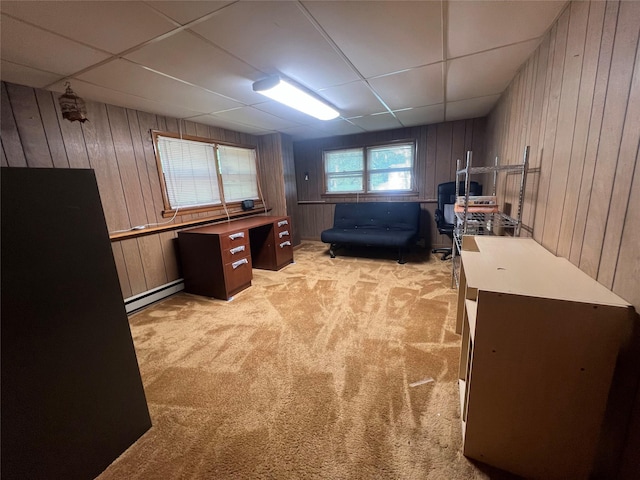 39 Hilltop Ln, Narrowsburg, NY 12764 - office area with wood walls, a baseboard radiator, light colored carpet, and a paneled ceiling