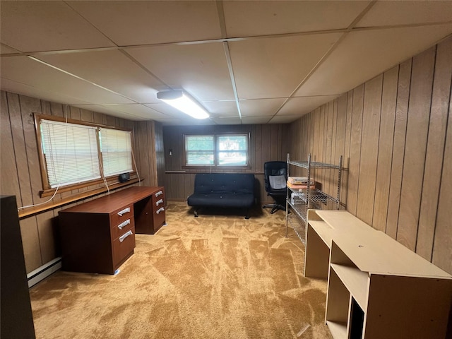 39 Hilltop Ln, Narrowsburg, NY 12764 - office featuring light colored carpet, baseboard heating, wooden walls, and a paneled ceiling