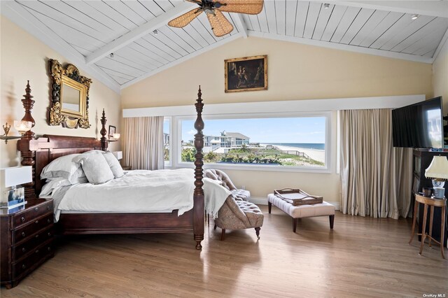 174 Dune Rd, Quogue, NY 11959 - bedroom featuring wood finished floors, wood ceiling, and ceiling fan