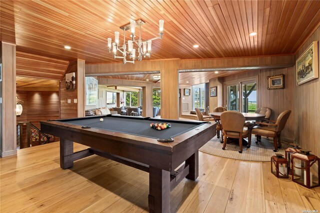 174 Dune Rd, Quogue, NY 11959 - recreation room featuring wood ceiling, wooden walls, billiards, a chandelier, and plenty of natural light