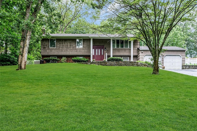 38 Mcarthur Ln, Smithtown, NY 11787 - split foyer home with a front lawn, a garage, a chimney, and concrete driveway