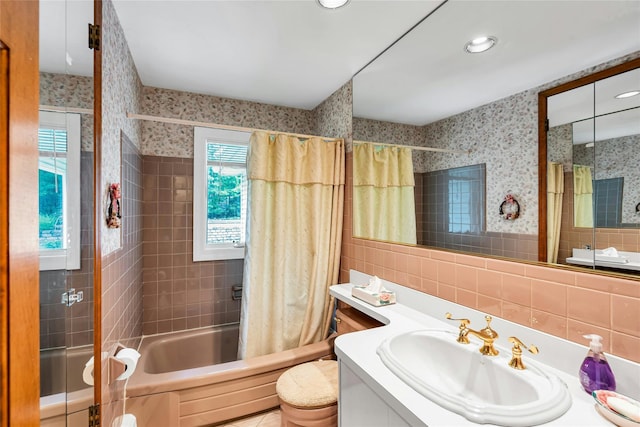 38 Mcarthur Ln, Smithtown, NY 11787 - bathroom featuring wallpapered walls, vanity, shower / bath combo, tile walls, and recessed lighting