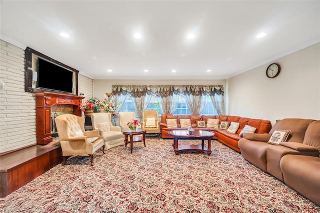 41 Meridian Rd, Levittown, NY 11756 - living area with recessed lighting, a fireplace, crown molding, and brick wall