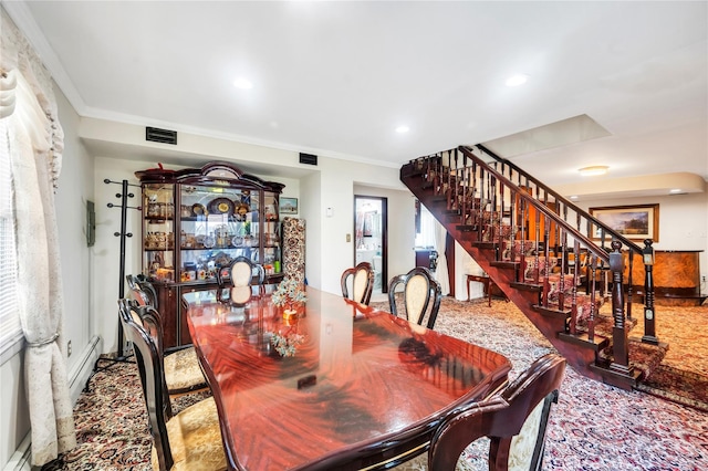 41 Meridian Rd, Levittown, NY 11756 - dining room with stairs, recessed lighting, healthy amount of natural light, wood finished floors, and ornamental molding