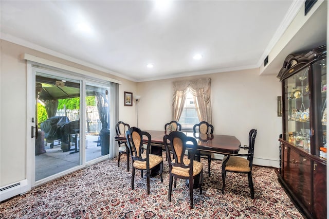 41 Meridian Rd, Levittown, NY 11756 - dining room featuring ornamental molding, a baseboard radiator, and recessed lighting