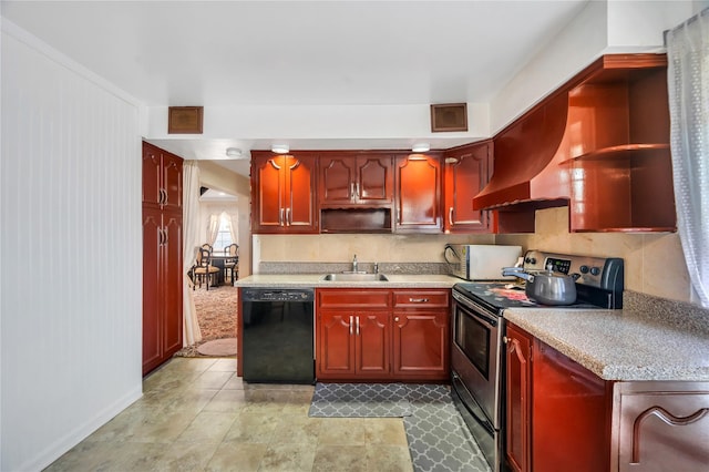 41 Meridian Rd, Levittown, NY 11756 - kitchen with dishwasher, stainless steel range with electric stovetop, dark brown cabinets, and open shelves