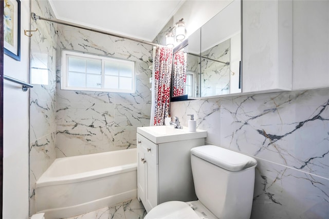 41 Meridian Rd, Levittown, NY 11756 - bathroom featuring shower / tub combo with curtain, vanity, marble finish floors, and tile walls