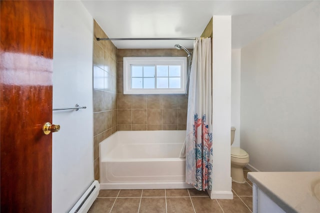 41 Meridian Rd, Levittown, NY 11756 - full bath with baseboard heating, vanity, tile patterned floors, and shower / bathtub combination with curtain