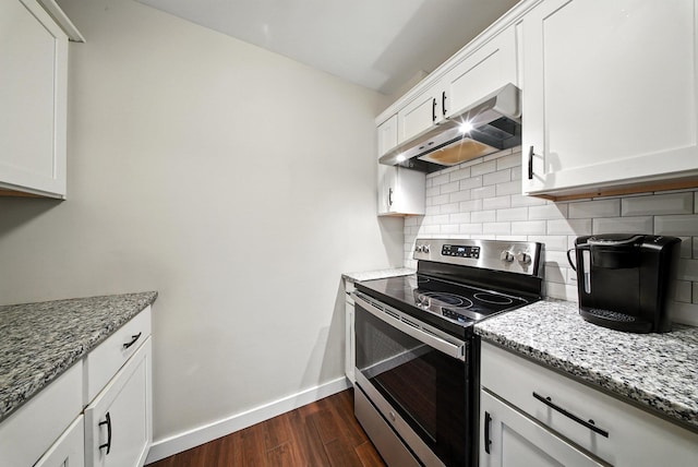 42 Inwood Rd, Middletown, NY 10941 - kitchen with electric range, under cabinet range hood, dark wood-style floors, decorative backsplash, and light stone countertops