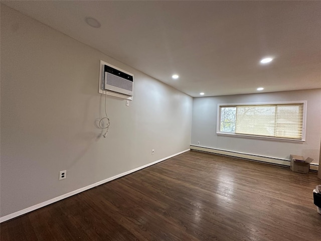 3666 Illona Ln, Oceanside, NY 11572 - empty room with baseboard heating, a wall mounted AC, dark wood-type flooring, and recessed lighting