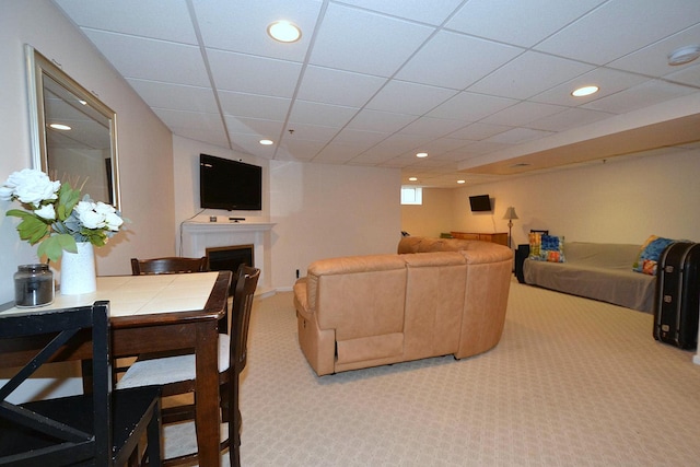 1405 Constance Ln, Port Jefferson Station, NY 11776 - living area with carpet floors, recessed lighting, a fireplace, and a paneled ceiling