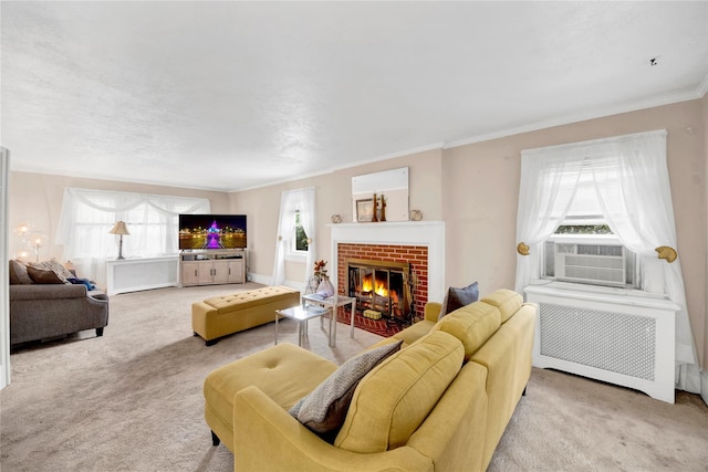 431 E Sidney Ave, Mount Vernon, NY 10553 - living room with carpet floors, radiator heating unit, crown molding, a fireplace, and cooling unit