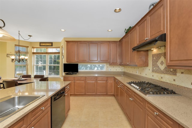 35 Monterrey Dr, Saint James, NY 11780 - kitchen featuring dishwasher, under cabinet range hood, stainless steel gas cooktop, a chandelier, and tasteful backsplash