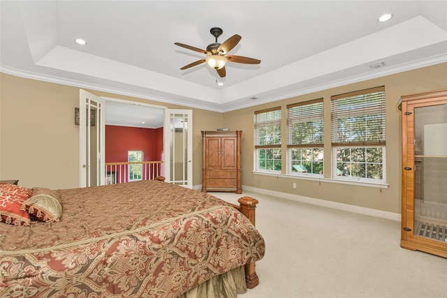 35 Monterrey Dr, Saint James, NY 11780 - bedroom featuring a raised ceiling, carpet, recessed lighting, a ceiling fan, and crown molding