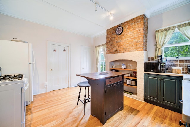 12 Beechwood Ter, Poughkeepsie, NY 12601 - kitchen with white gas stove, track lighting, crown molding, light wood-style flooring, and butcher block counters