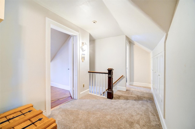 12 Beechwood Ter, Poughkeepsie, NY 12601 - hall with an upstairs landing, carpet flooring, and lofted ceiling