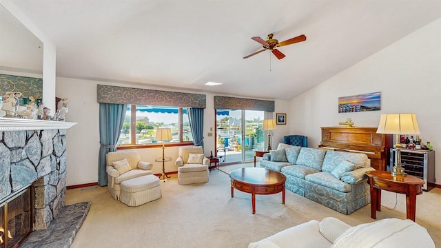 1 Harbour Unit 1, Blue Point, NY 11715 - carpeted living area featuring ceiling fan, a fireplace, and lofted ceiling