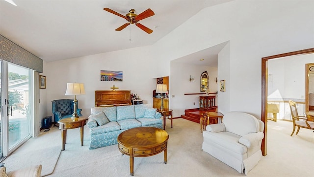 1 Harbour Unit 1, Blue Point, NY 11715 - living area featuring light carpet, ceiling fan, and high vaulted ceiling