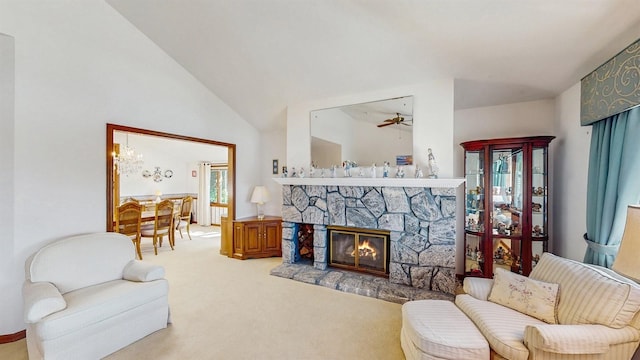 1 Harbour Unit 1, Blue Point, NY 11715 - carpeted living room with a fireplace, ceiling fan, and high vaulted ceiling