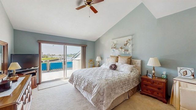 1 Harbour Unit 1, Blue Point, NY 11715 - bedroom featuring access to exterior, light carpet, lofted ceiling, and ceiling fan