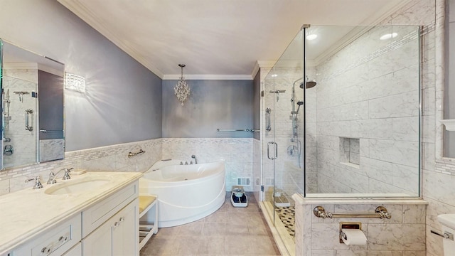 1 Harbour Unit 1, Blue Point, NY 11715 - bathroom featuring a bath, tile walls, a stall shower, vanity, and crown molding