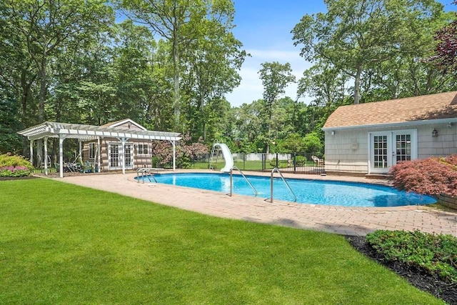 15 Stillwood Rd, Brookhaven, NY 11719 - view of swimming pool featuring french doors, a water slide, a pergola, a patio area, and a storage structure