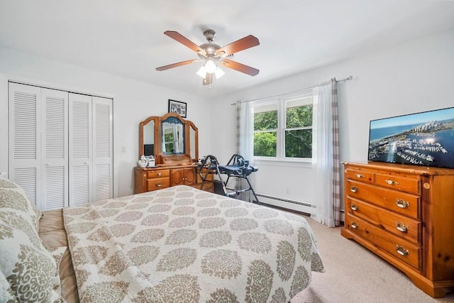 15 Stillwood Rd, Brookhaven, NY 11719 - bedroom with a closet, a baseboard radiator, light carpet, and ceiling fan