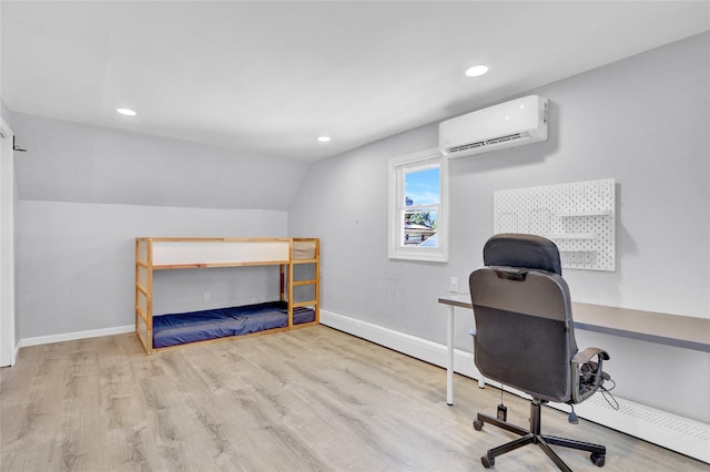 206 Friends Ln, Westbury, NY 11590 - home office featuring a wall mounted AC, wood finished floors, lofted ceiling, and recessed lighting