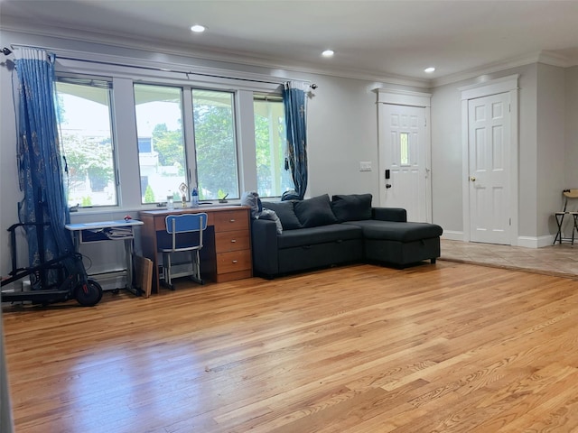 190 Springdale Dr, Ronkonkoma, NY 11779 - living room featuring crown molding, light wood-style flooring, healthy amount of natural light, and recessed lighting