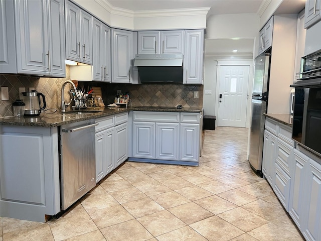 190 Springdale Dr, Ronkonkoma, NY 11779 - kitchen with black appliances, ornamental molding, gray cabinetry, tasteful backsplash, and light tile patterned floors