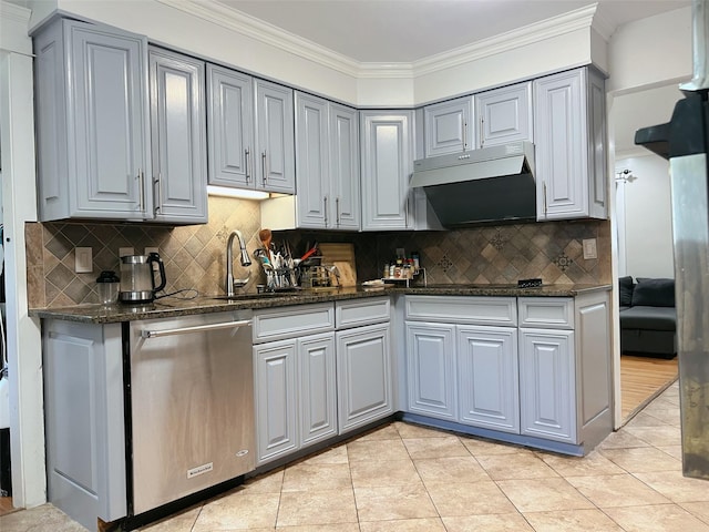 190 Springdale Dr, Ronkonkoma, NY 11779 - kitchen with stainless steel dishwasher, ventilation hood, ornamental molding, backsplash, and gray cabinets