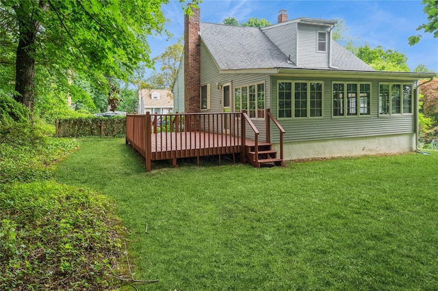 5 Hillaire Pl, Nanuet, NY 10954 - back of house featuring a deck, a chimney, and roof with shingles