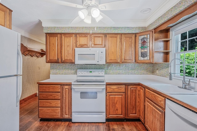 2 Seaview Ln, Mount Sinai, NY 11766 - kitchen featuring white appliances, dark wood-type flooring, a ceiling fan, light countertops, and brown cabinetry