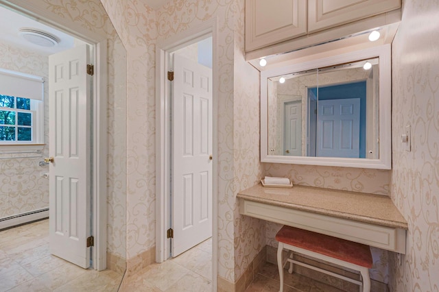 2 Seaview Ln, Mount Sinai, NY 11766 - bathroom featuring wallpapered walls, baseboard heating, and tile patterned flooring