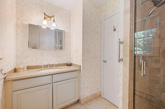 2 Seaview Ln, Mount Sinai, NY 11766 - bathroom with wallpapered walls, a stall shower, and vanity