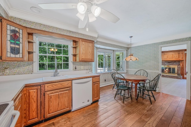 2 Seaview Ln, Mount Sinai, NY 11766 - kitchen with white appliances, open shelves, wallpapered walls, ornamental molding, and light wood-type flooring